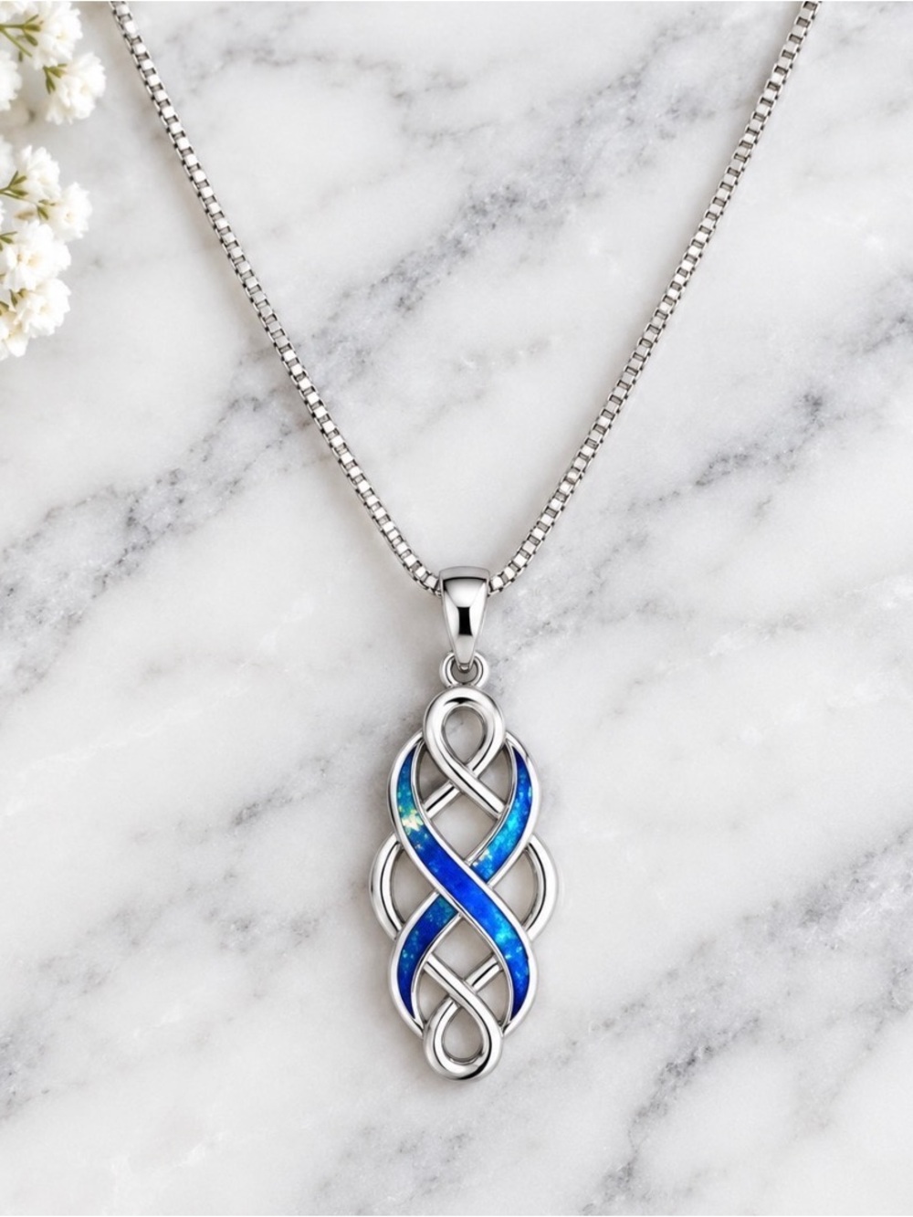 Silver-tone Blue Enamel Infinity Pendant Necklace-Silver Hardware